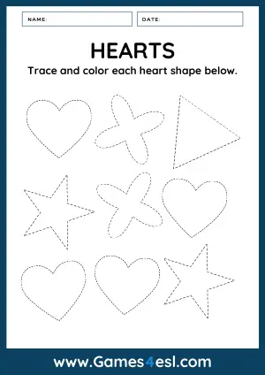2D Shapes Tracing Worksheet - hearts