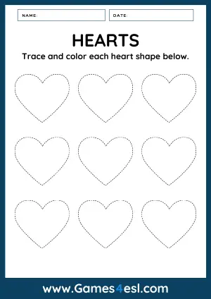 2D Shapes Tracing Worksheet - Hearts