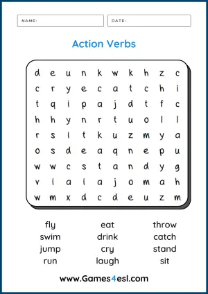 Action Verb Word Search