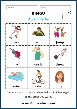 Action Verbs Bingo Worksheet