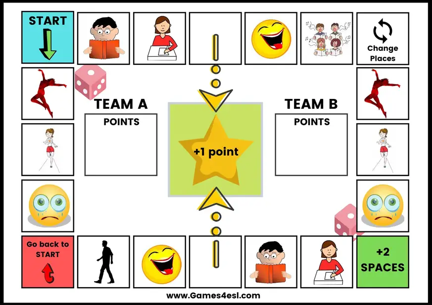 A printable board game to teach action verbs.