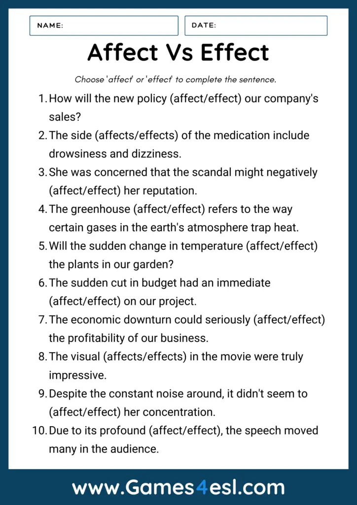 Affect vs Effect Quiz PDF