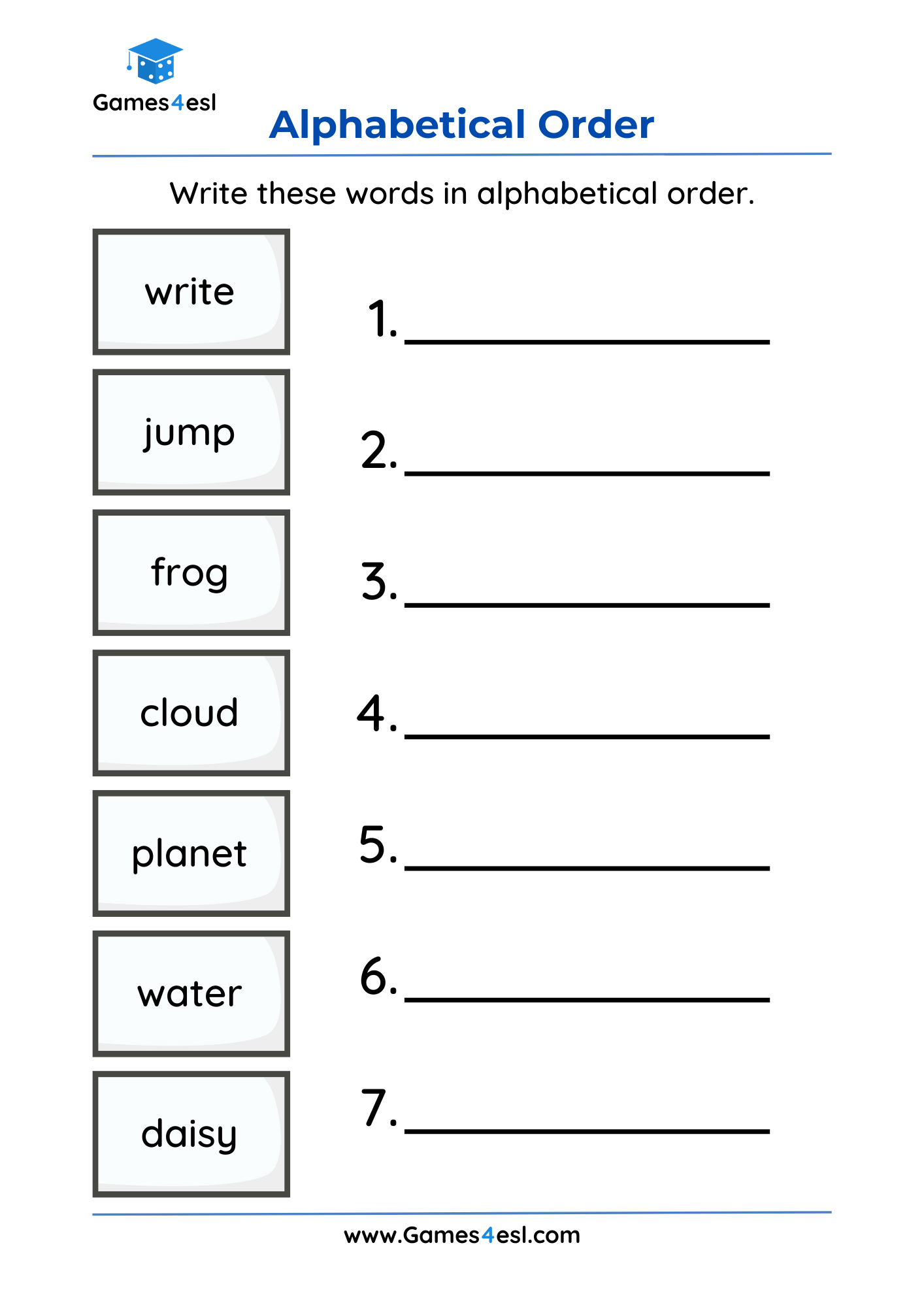 An alphabetical order worksheet for grade 1