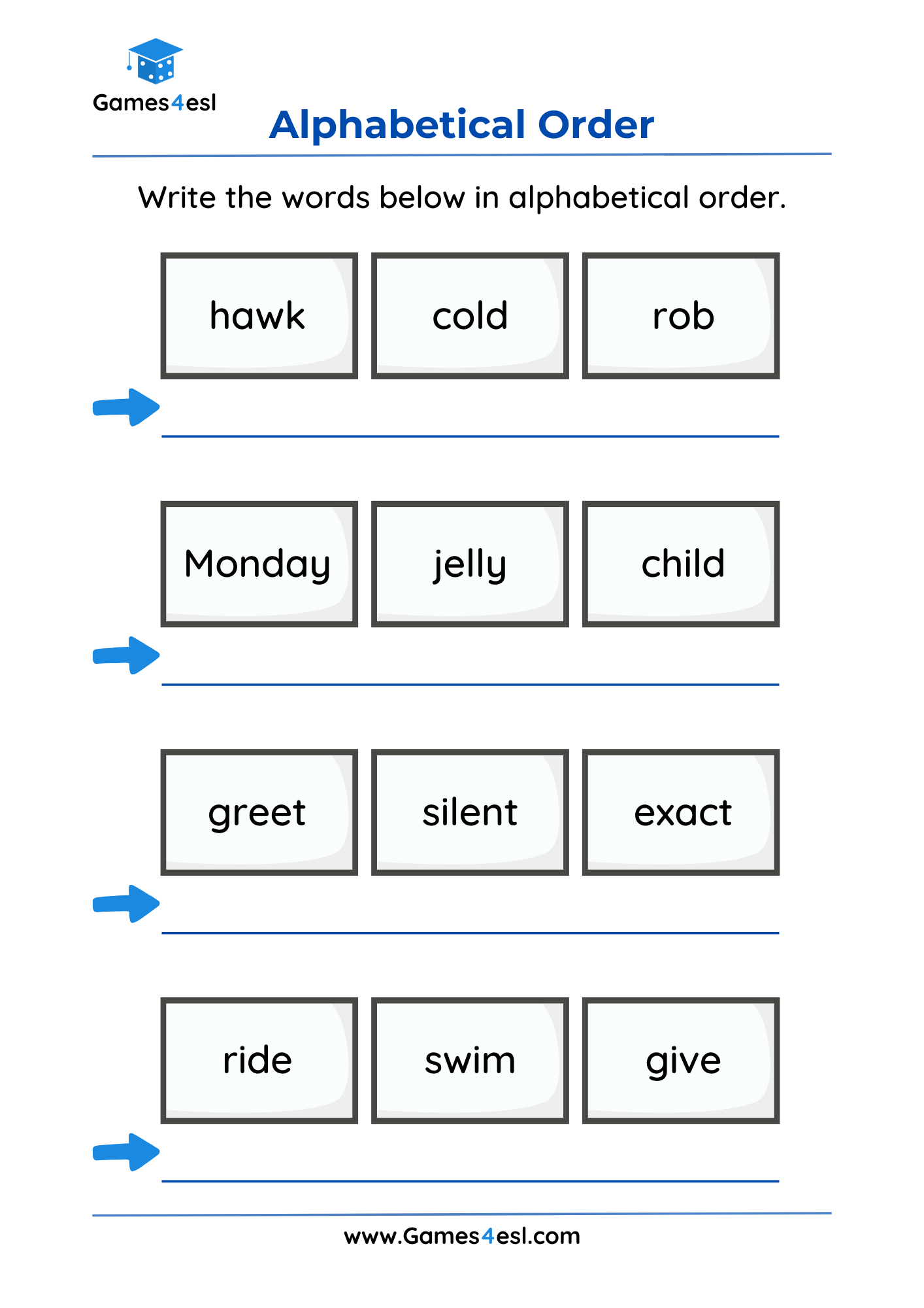 An alphabetical order worksheet for grade 1