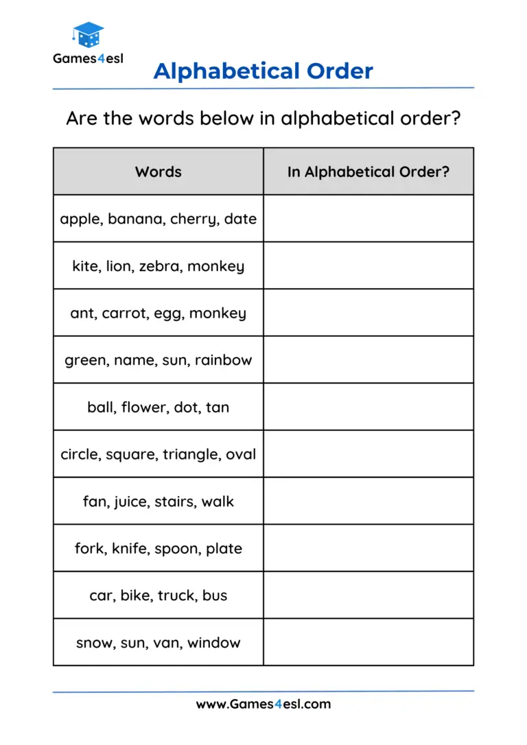 Alphabetical Order Worksheets For Grade 1 | Games4esl