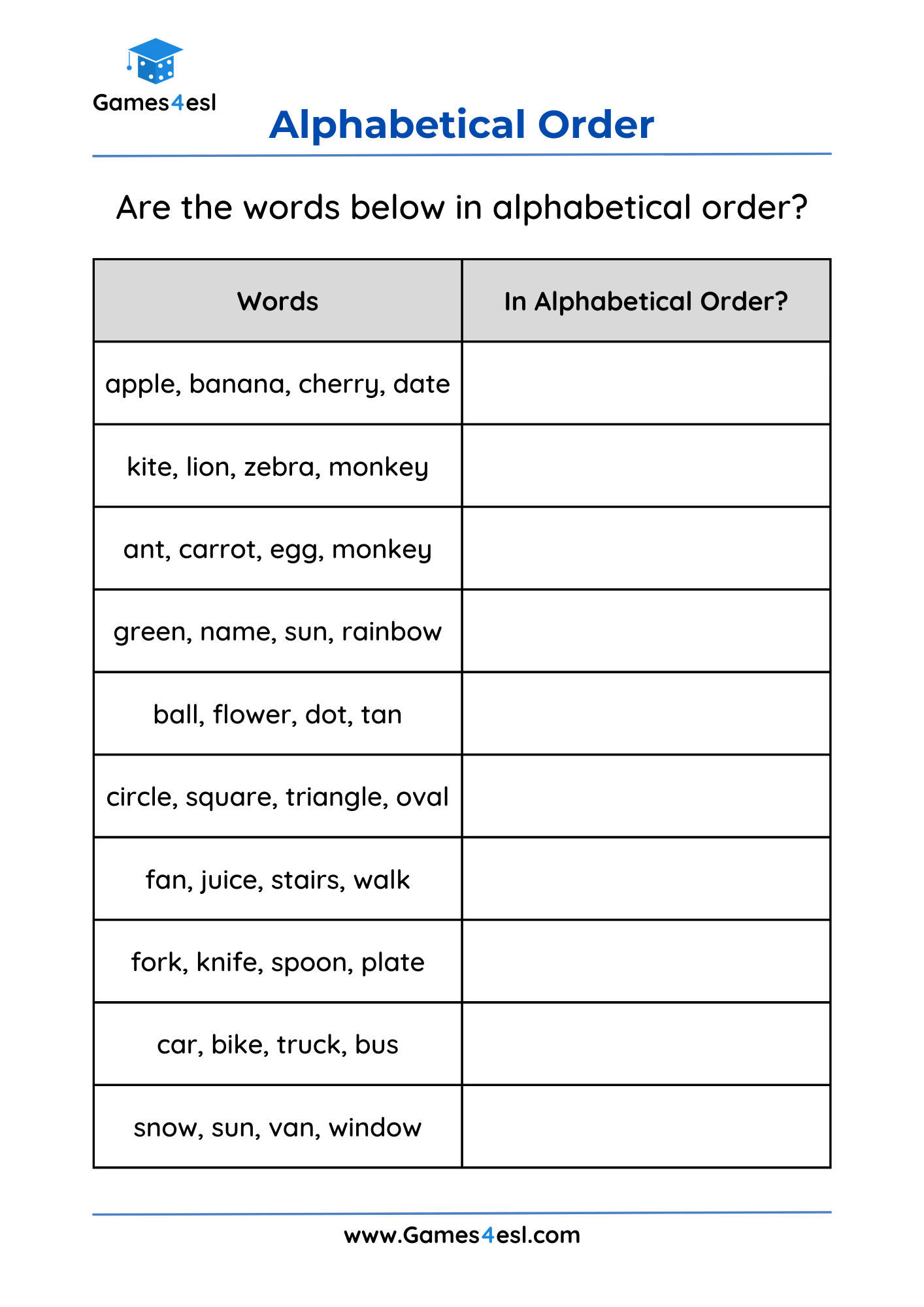 An alphabetical order worksheet for grade 1