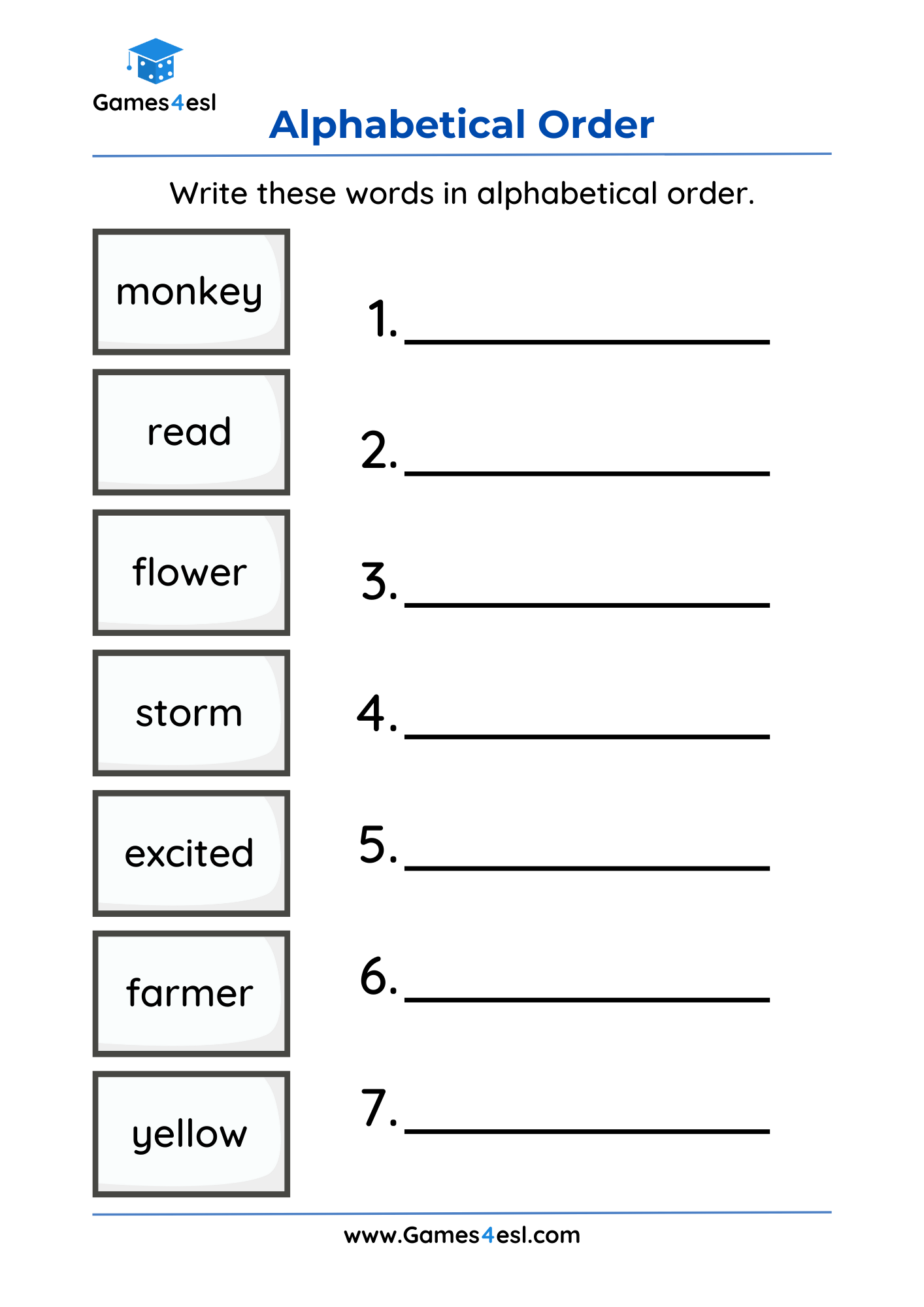 An alphabetical order worksheet for grade 1