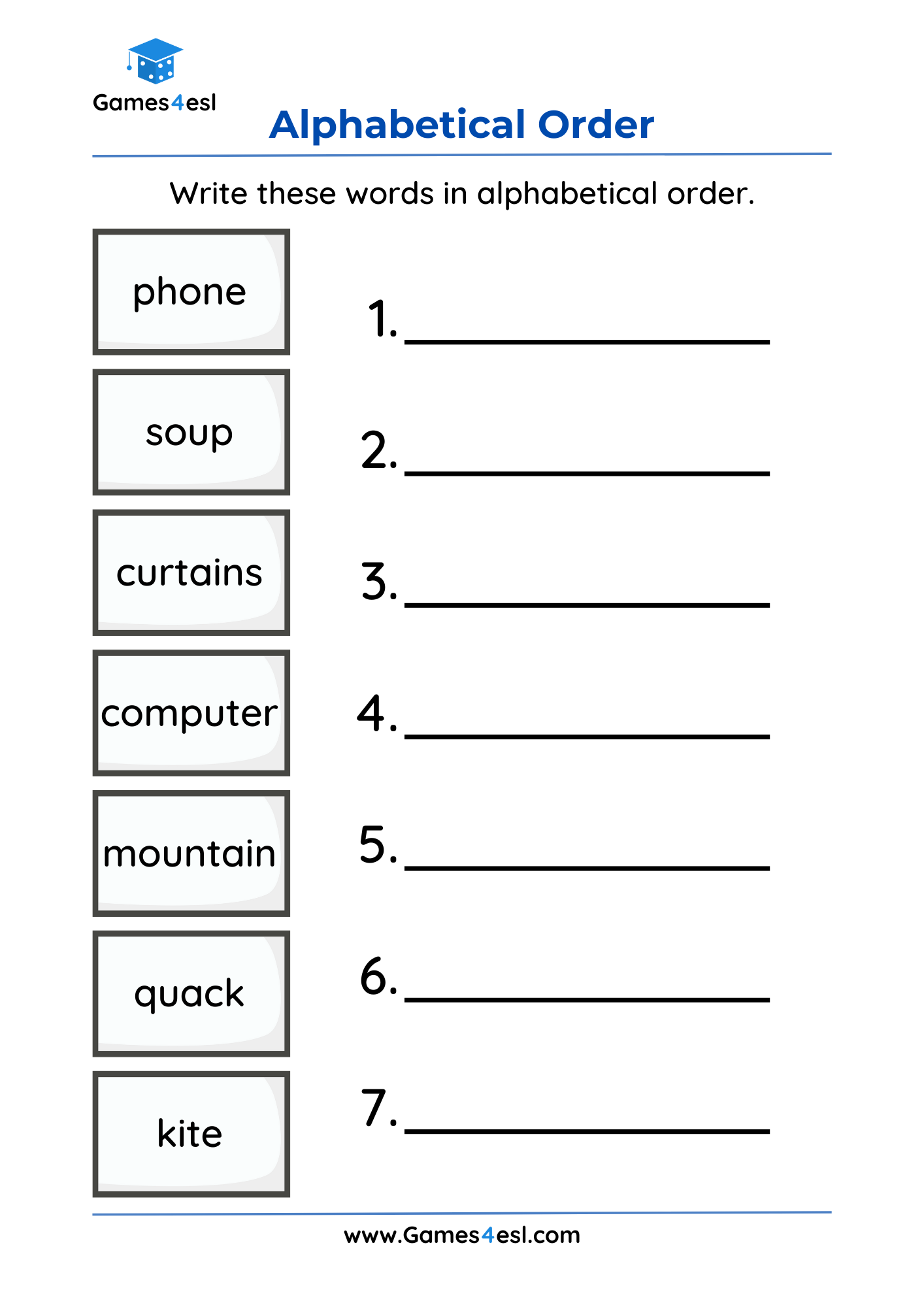 An alphabetical order worksheet for grade 1