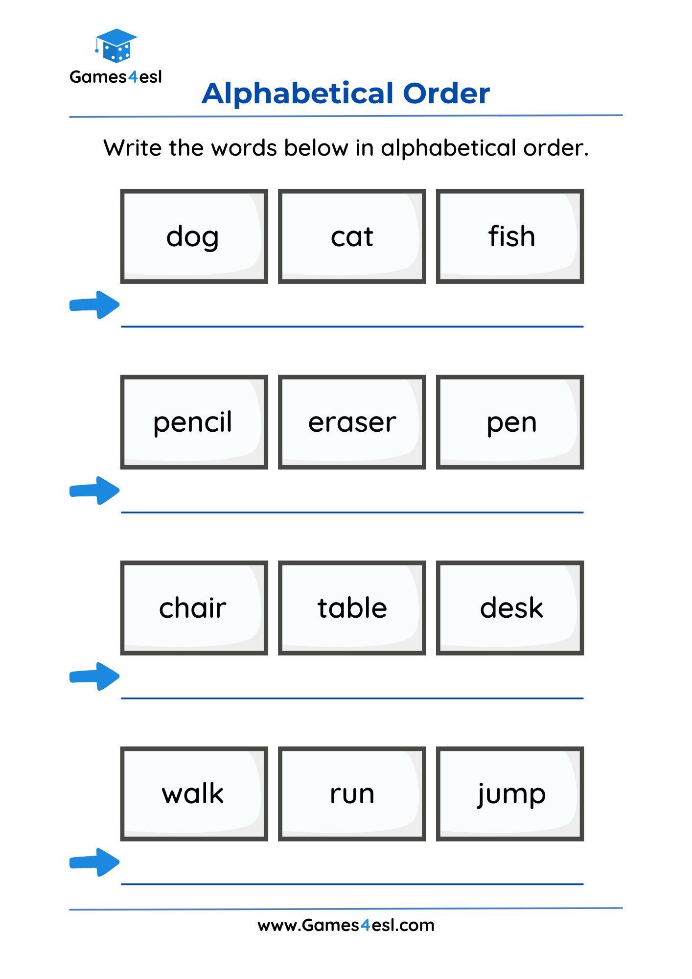 An alphabetical order worksheet for grade 1