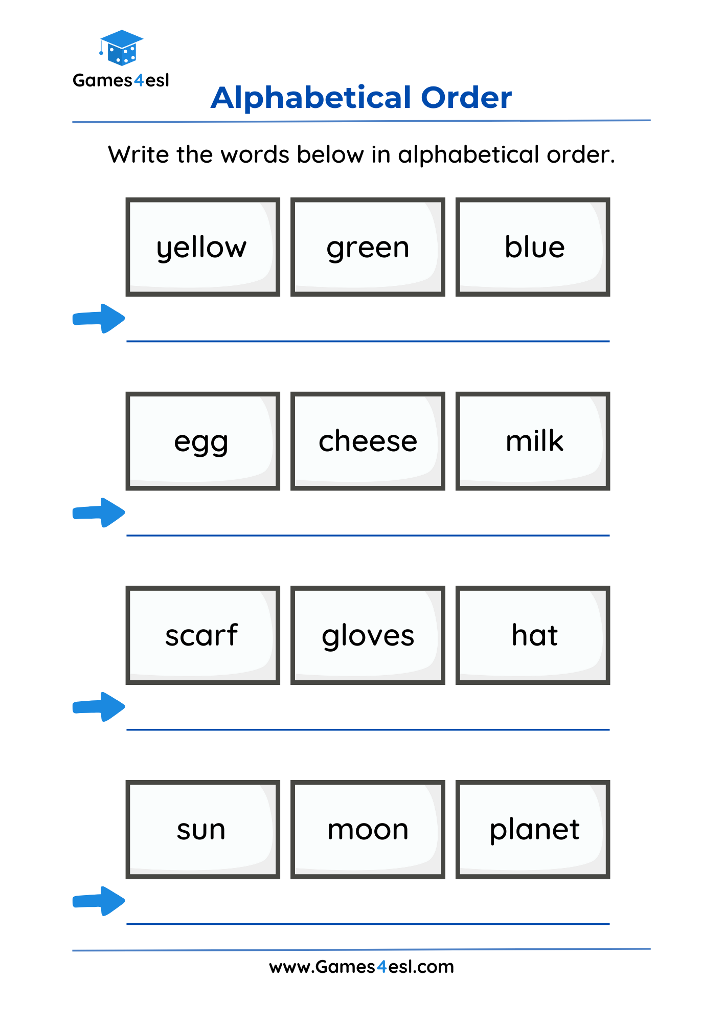 An alphabetical order worksheet for grade 1