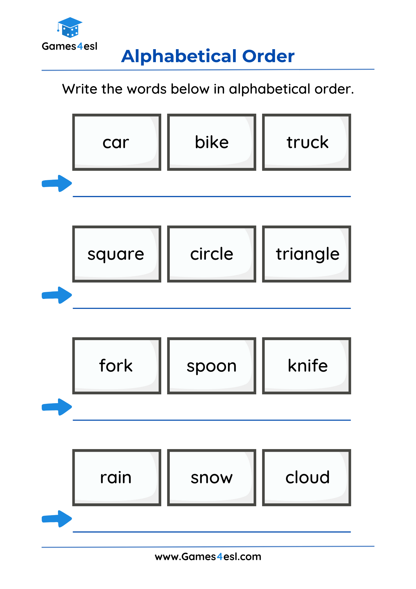 An alphabetical order worksheet for grade 1