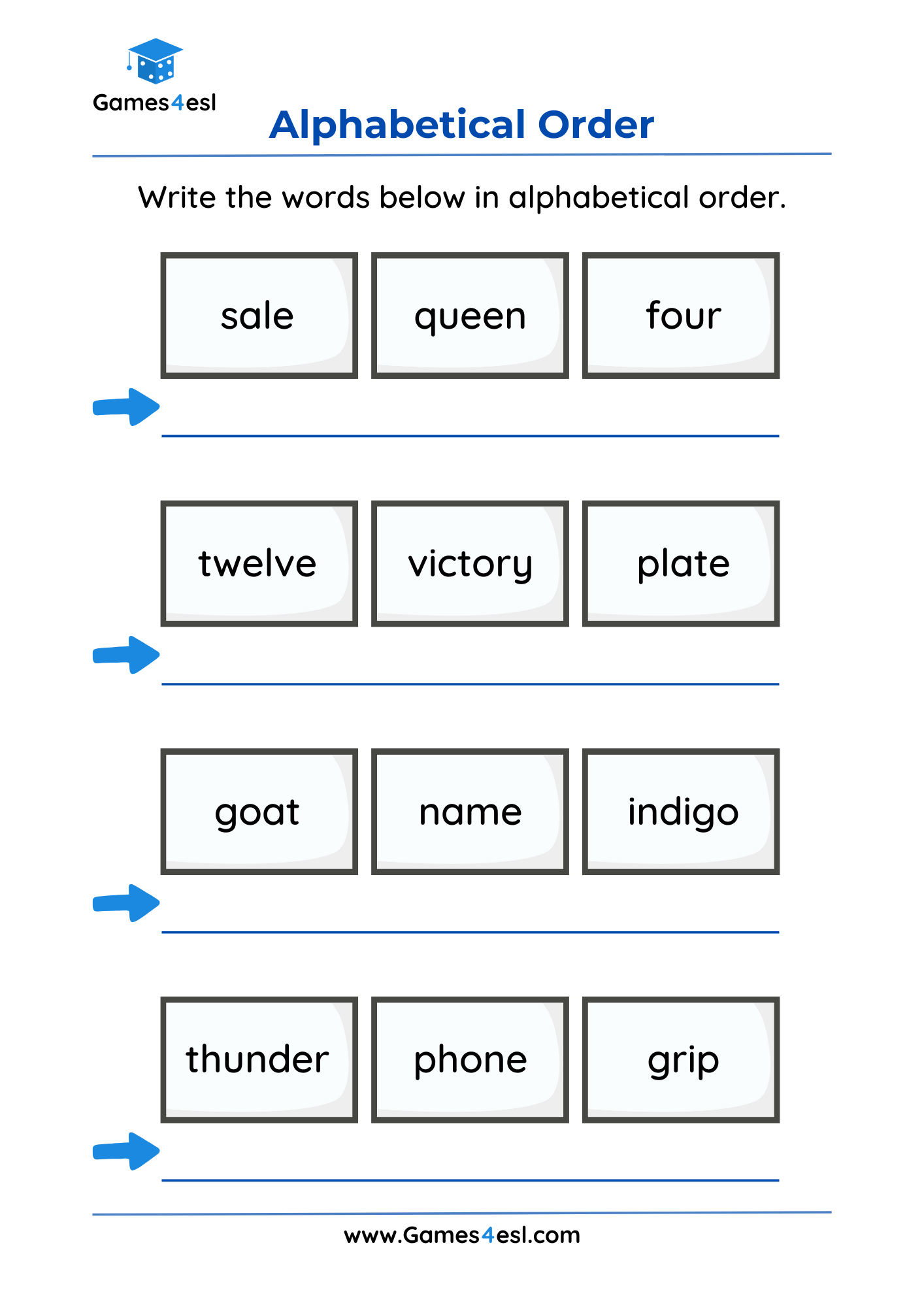 An alphabetical order worksheet for grade 1