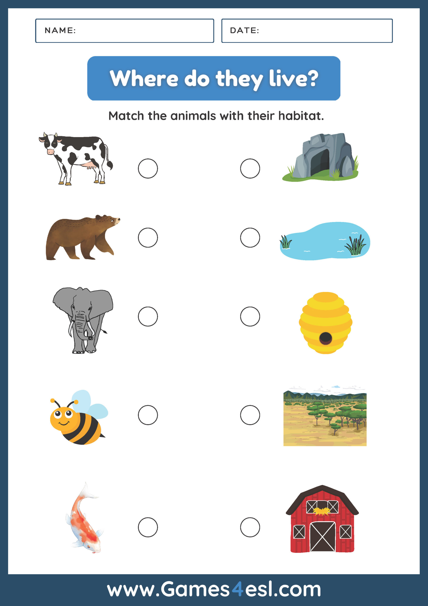 Animals And Habitats Matching Worksheet