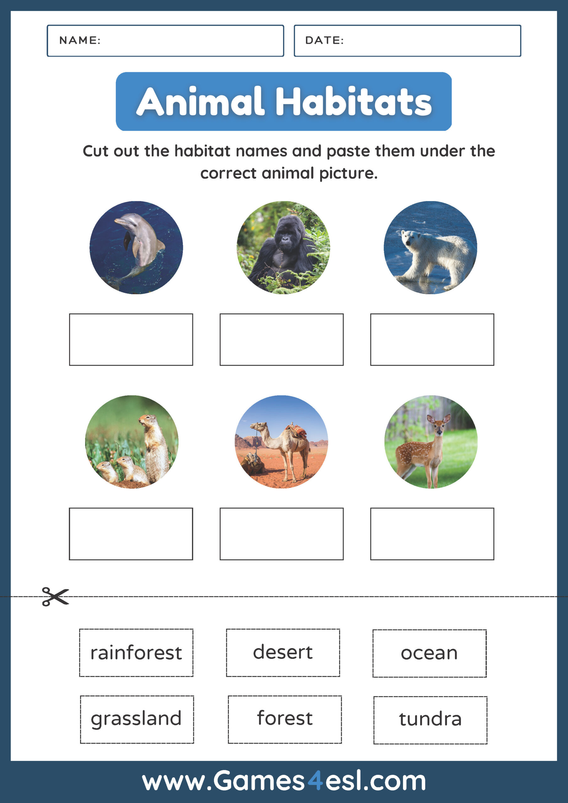 Animal Habitat Worksheet - Matching