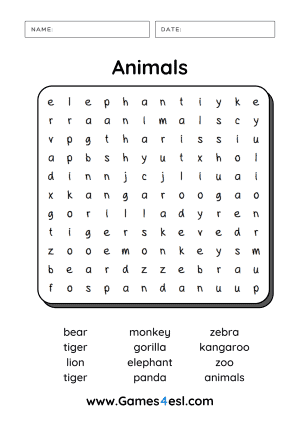 Animals Worksheet - Word Search