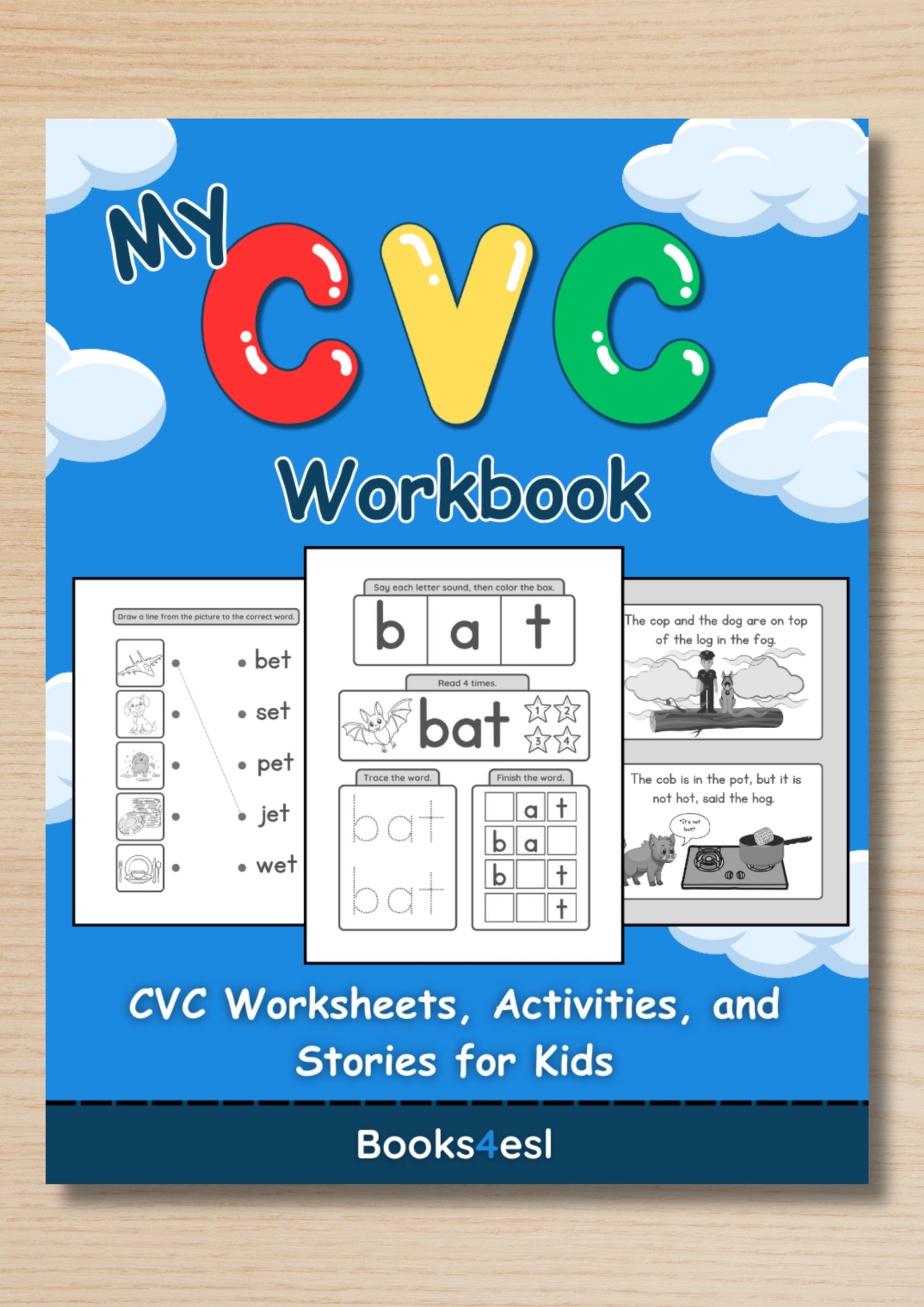 A book cover for a CVC worksheets workbook.