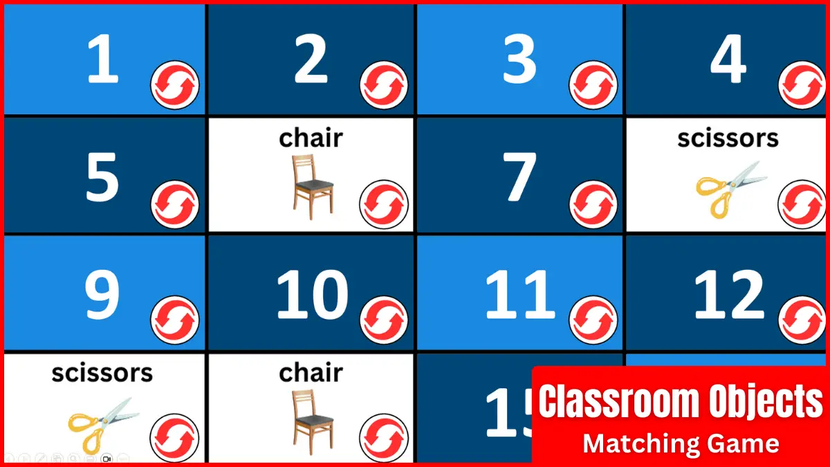 A memory game PPT for teaching classroom objects.