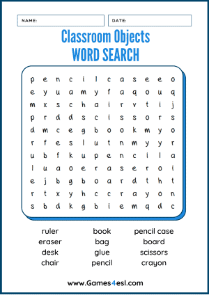 Classroom Object Word Search