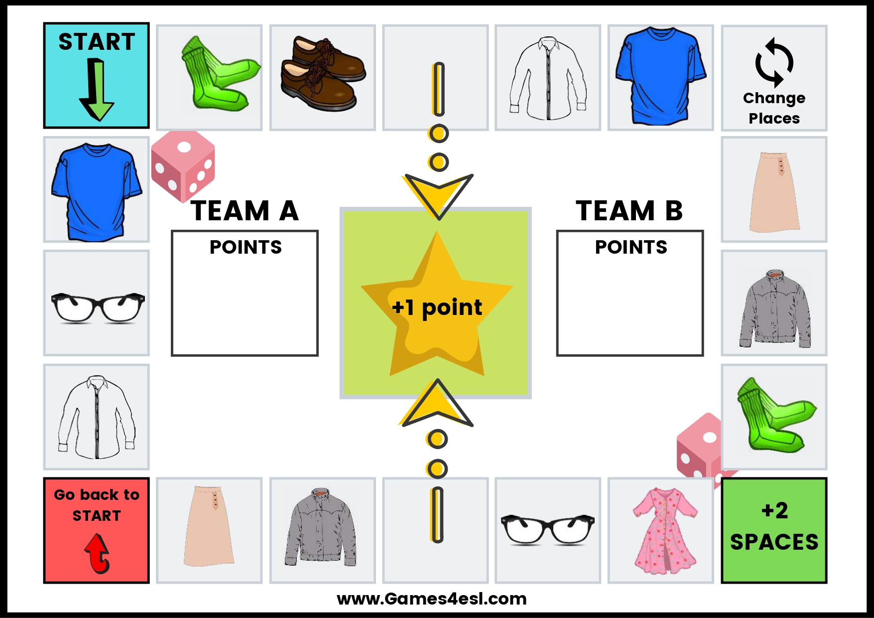 A printable board game to teach clothes vocabulary in English.