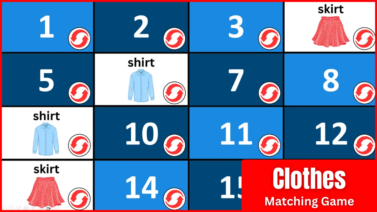 A Memory Game for teaching clothes vocabulary.