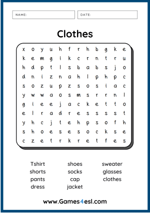 Clothes Worksheet - Word Search
