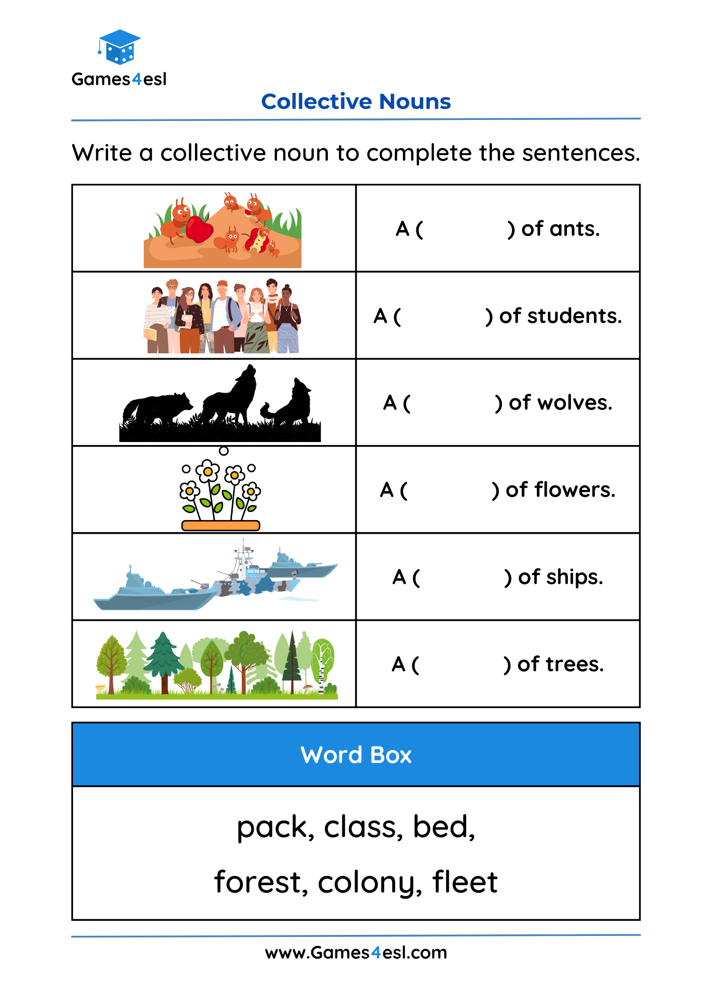 A worksheet for teaching collective nouns in English.