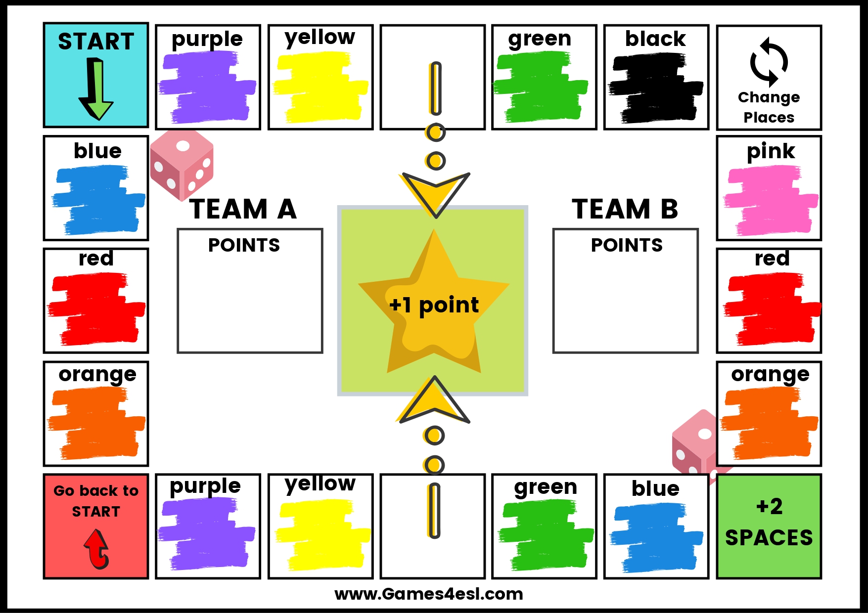 A printable board game to teach the names of colors in English.