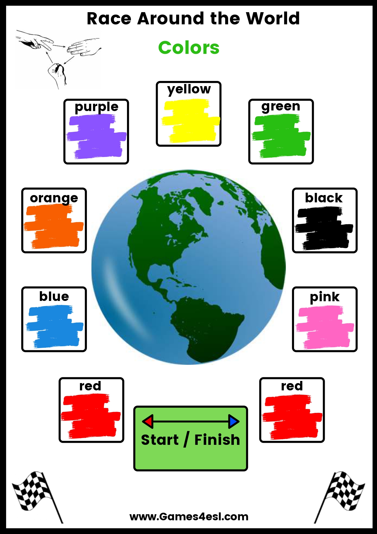 A printable board game to teach the names of colors in English.