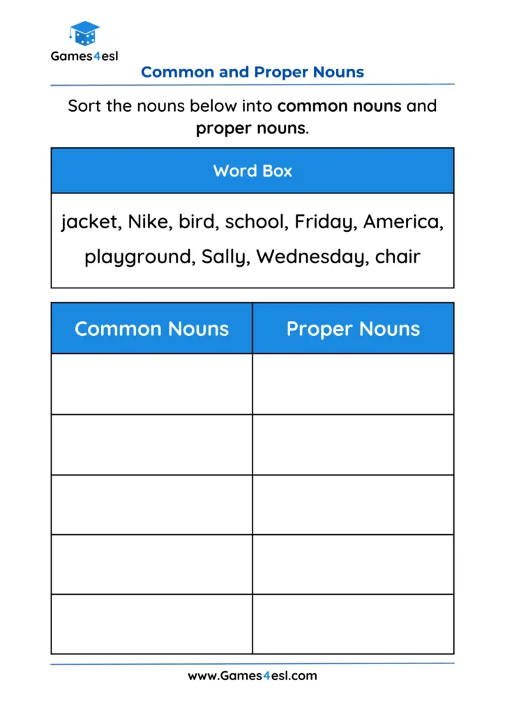 Common And Proper Noun Worksheets | Games4esl