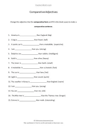 Comparative Adjectives Worksheets