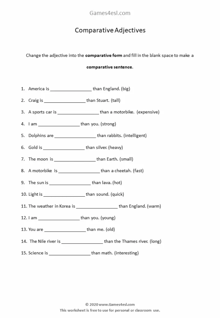 Comparative Adjectives Worksheets