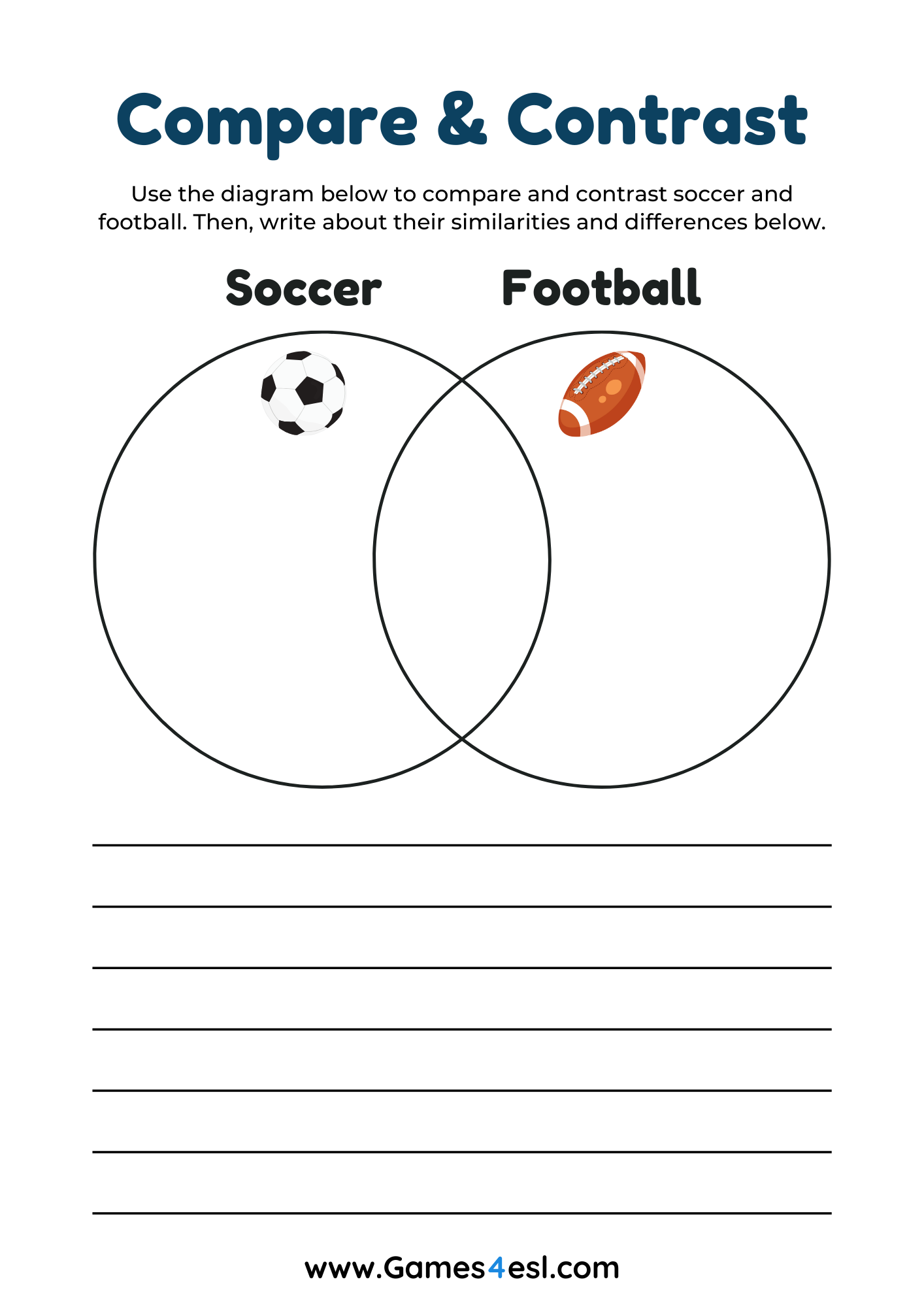 A Compare and Contrast worksheet with a Venn diagram that asks students to compare and contrast soccer and football.