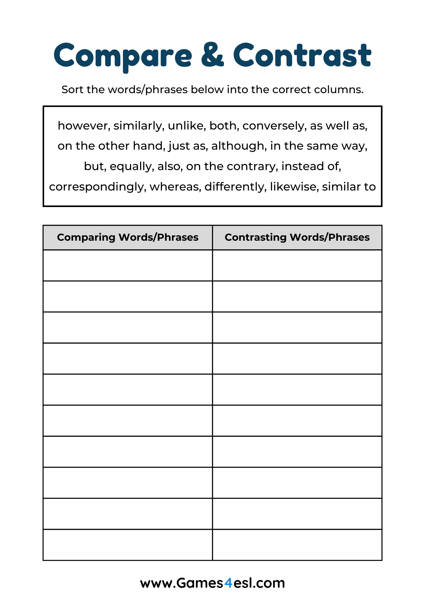 A compare and contrast worksheet to learn words and phrases used to compare and contrast things.