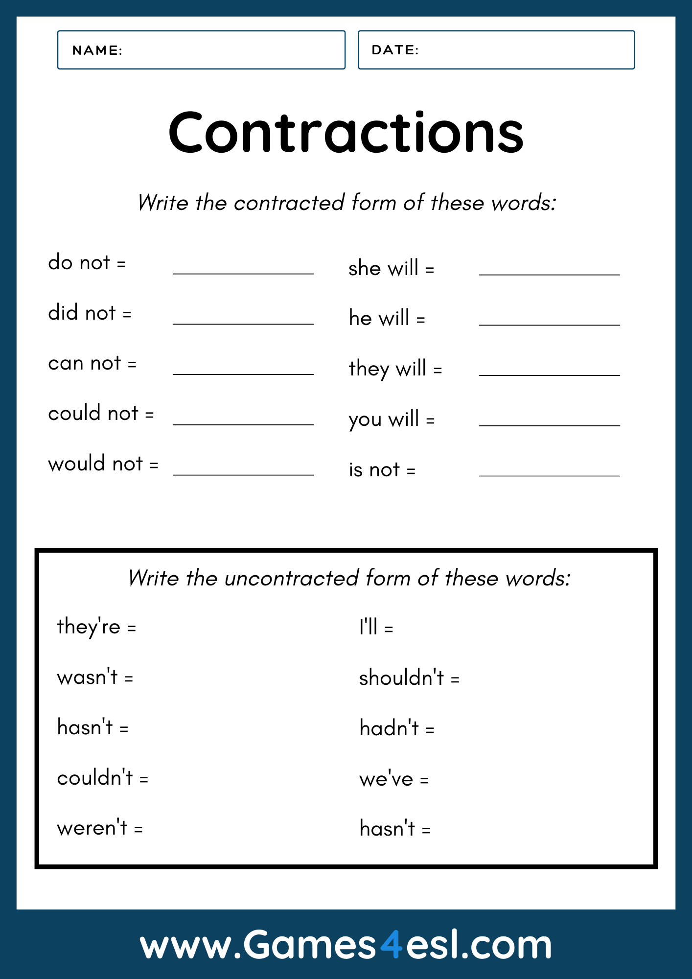 Contraction Worksheet