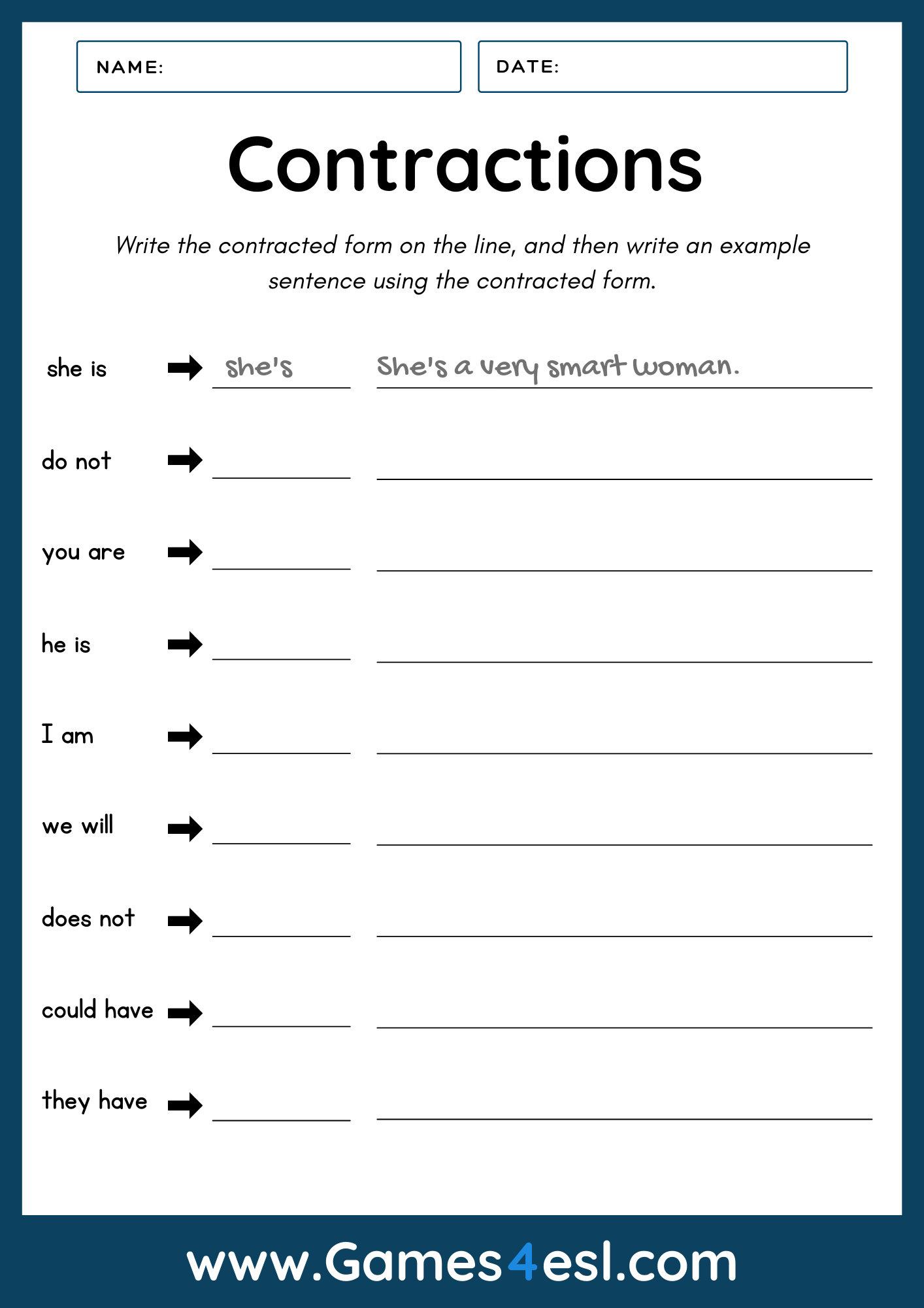 Contraction Worksheet