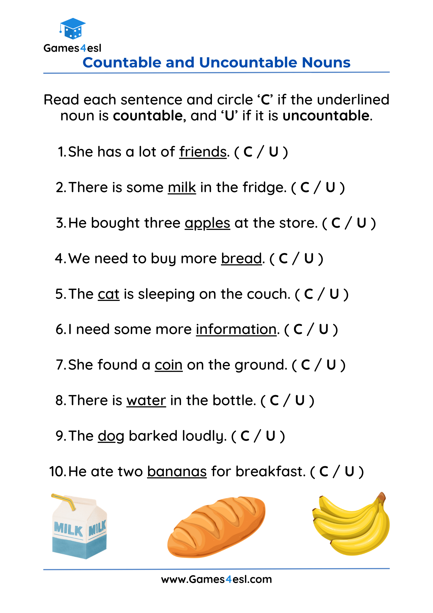 A worksheet about countable and uncountable nouns.