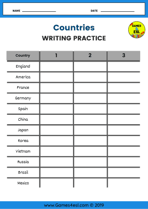 Country Names In English Worksheet