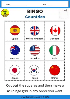Countries Bingo Worksheet