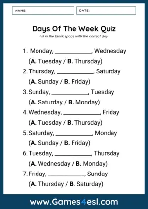 Days Of The Week Quiz PDF