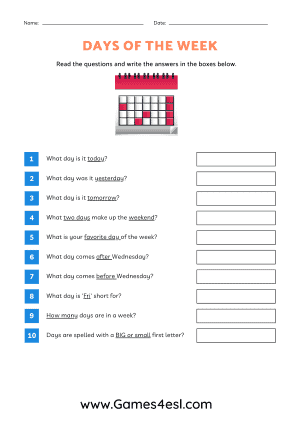 Days of the Week Yesterday and Tomorrow Worksheet / Worksheet