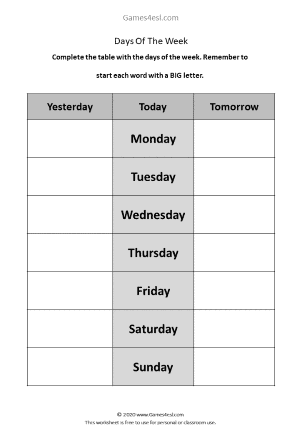 days of the week worksheet