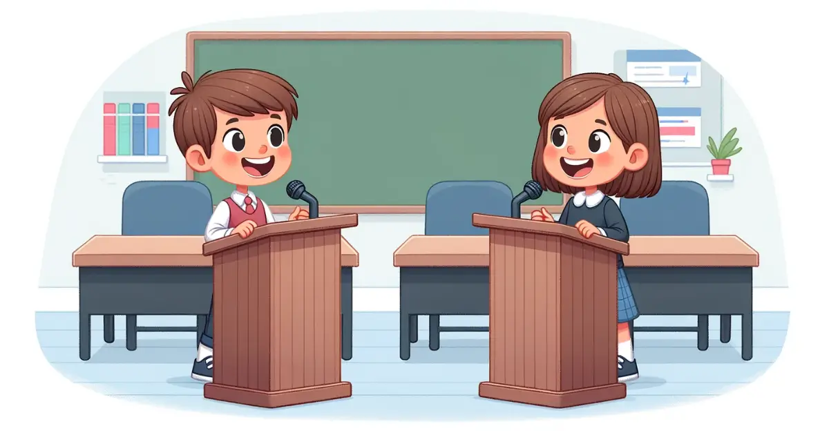 A cartoon drawing of two children debating behind debate podiums