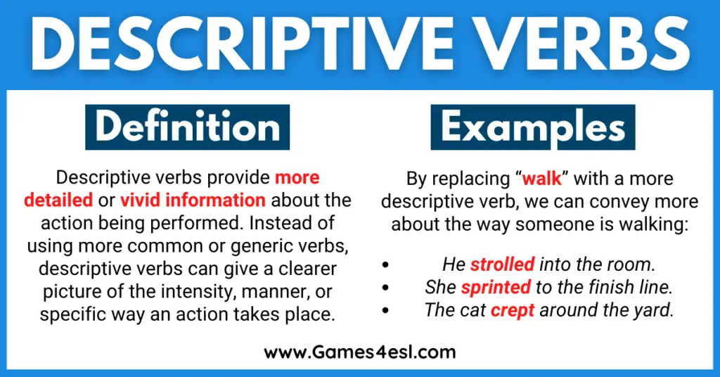 A definition of descriptive verbs with examples