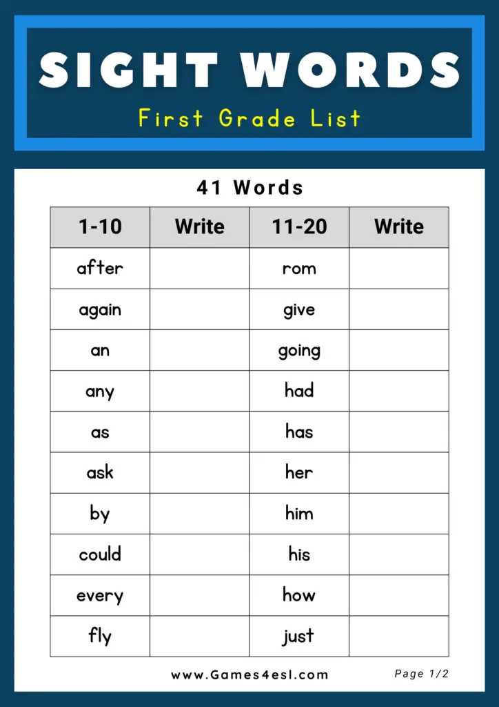 Dolch Sight Word List -First Grade