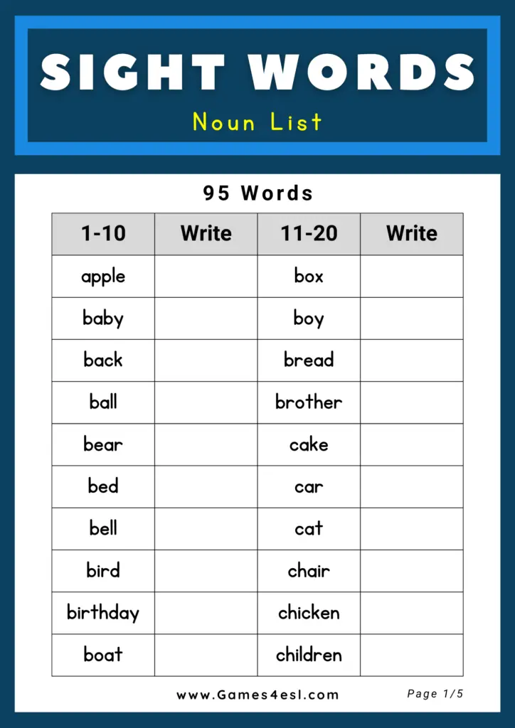 Dolch Sight Word List - Nouns