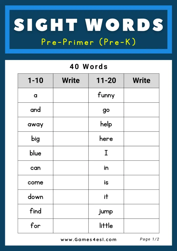 Dolch Sight Word List - Pre-Primer (Pre-K)