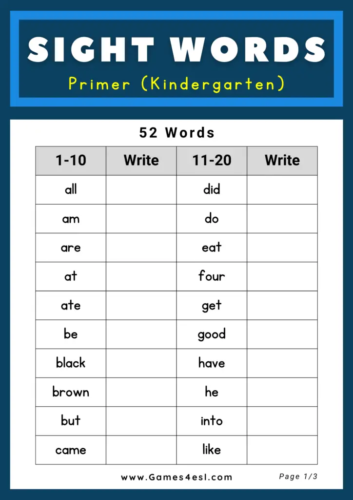 Dolch Sight Word List -Primer (Kindergarten)