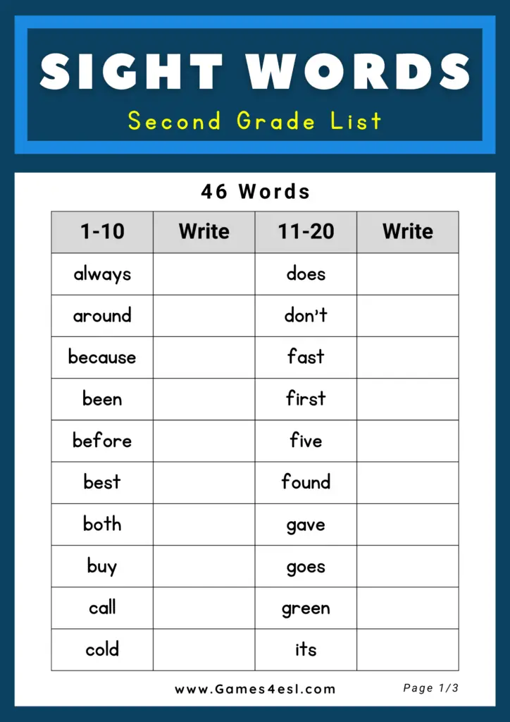 Dolch Sight Word List -Second Grade