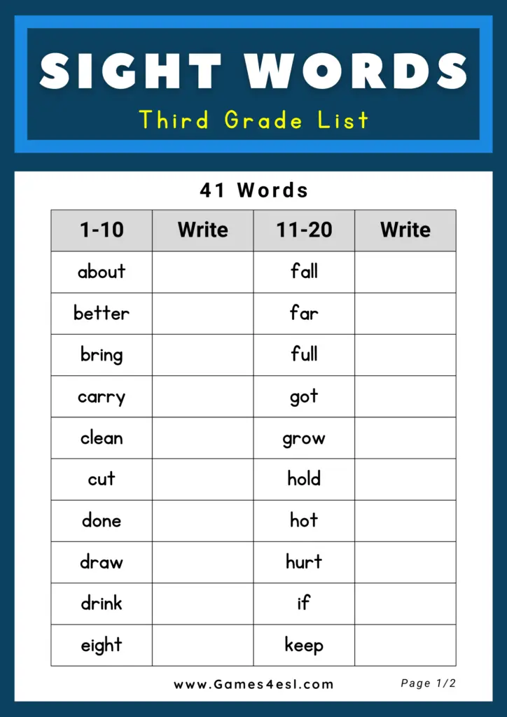 Dolch Sight Word List - Third Grade