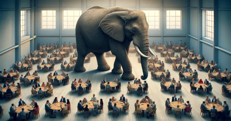 A Picture of a large elephant in a room surrounded by people depicting the English idiom "Elephant In The Room"